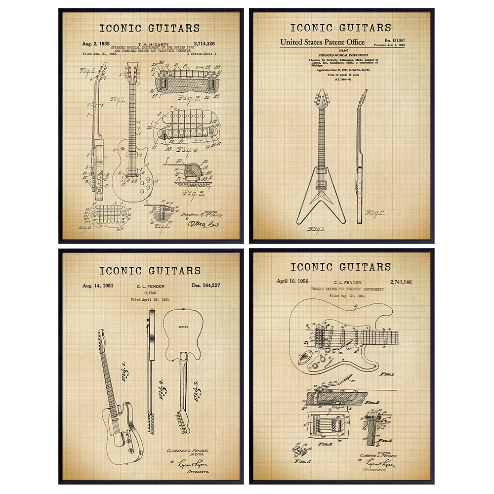 Famous Guitar Patent Art Prints - Vintage Wall Art Poster Set - Chic Home Decor for Bedroom, Living Room, Dorm, Man Cave - Great Gift for Musicians, Guitar Fans- 8x10 Photos set - Unframed