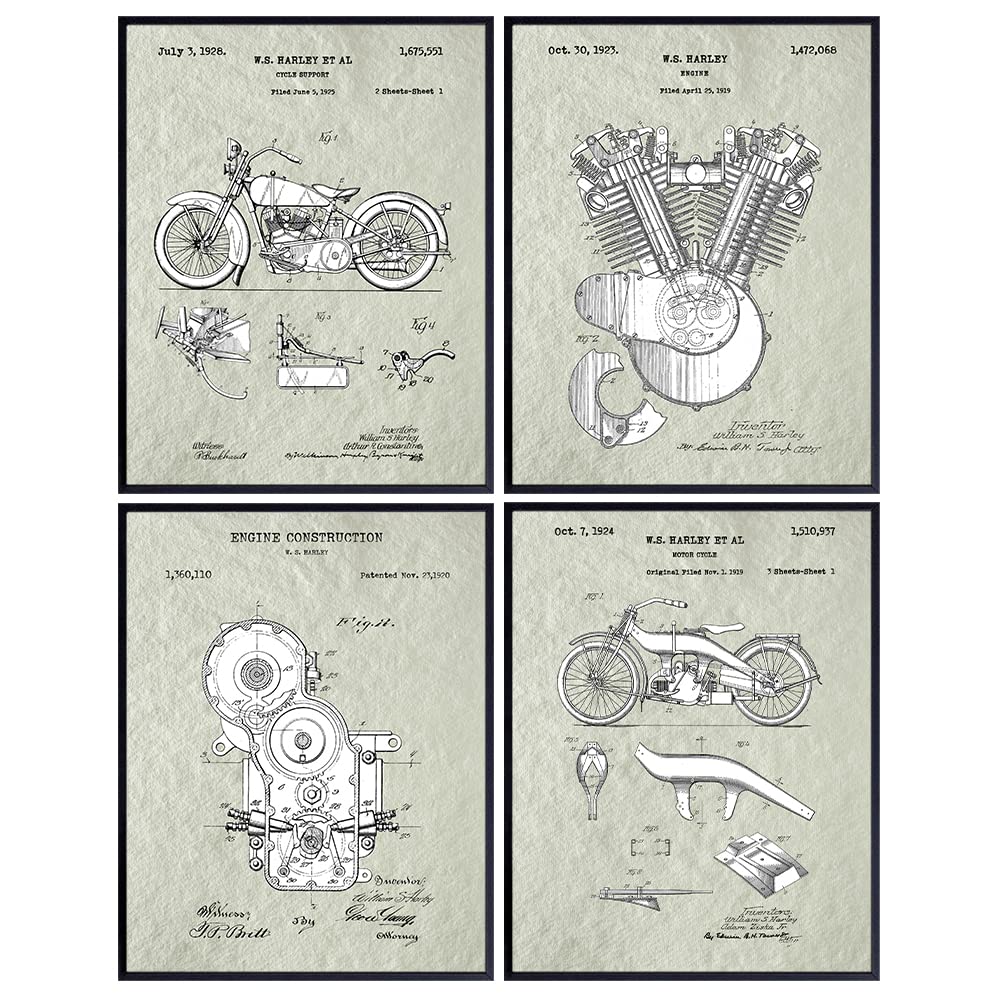 US Patents of Harley Motorcycles - Wall Art Print Set - Vintage Home Decor for Den, Man Cave, Office, Garage, Living Room, Bar - The Perfect Gift for Men, HOG Riders - 8x10 Photos - Unframed