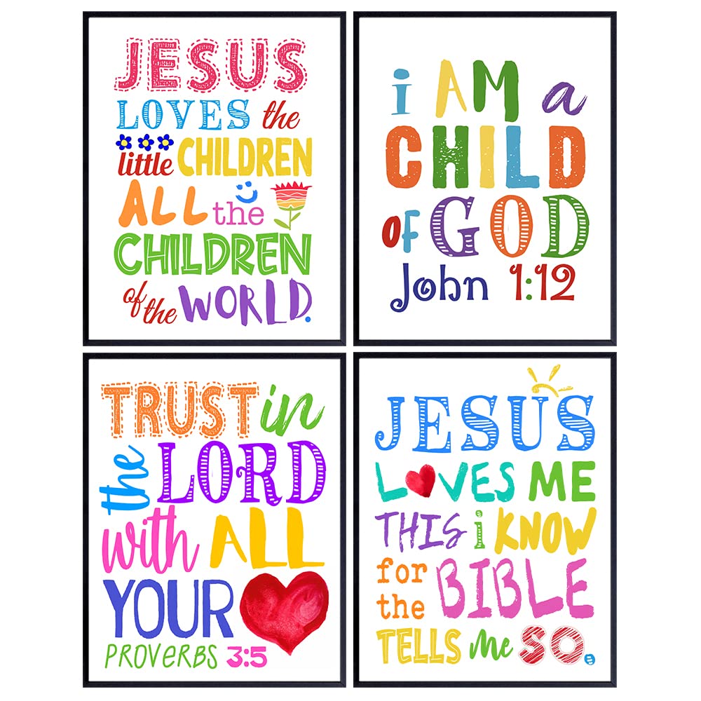 Religious Scripture Wall Art &amp; Decor - Jesus Loves Me - Trust in the Lord With All Your Heart - Child of God Wall Decor - Catholic Christian Gifts for Women, Boys, Girls Bedroom, Kids - Bible Verses