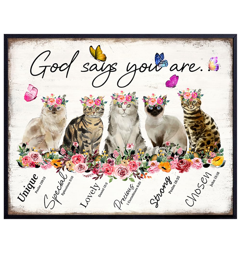 Christian Inspirational Wall Art 11x14 - Bible Verse Psalm Scripture Wall Decor for Women - Christian Gifts - Love, Faith, God Says - positive Shabby chic Cat Decor - Boho Decor - Religious Print