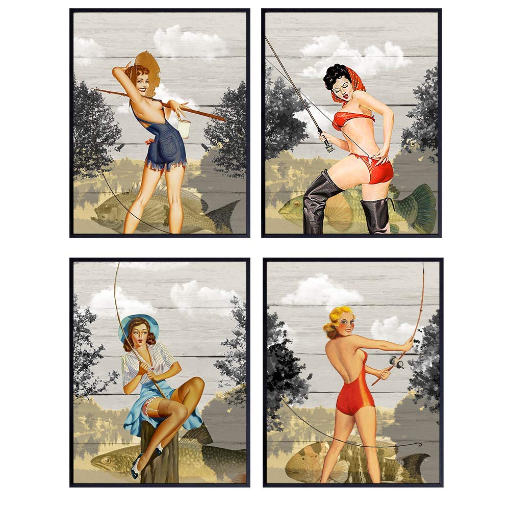 Retro Fishing Art Prints - Vintage Wall Art Poster Set - Shabby Chic Home Decor for Beach or Lake House, Den, Man Cave - Gift for Fisherman, 8x10 Photo Unframed