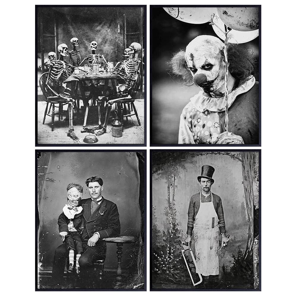 Creepy Gothic Wall Decor - Scary Horror poster Set - Weird Goth Room Decor - Pagan Gifts - Spooky Home Decor for Men Boys - Creepy Clown, Scary Clown Decorations - Skeleton Decor Wall Art Pictures
