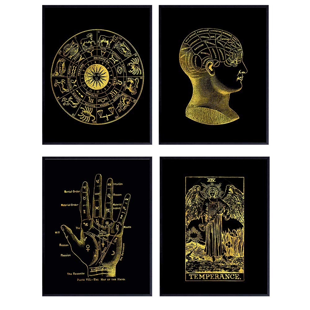 Wicca, Wiccan, Astrology, Zodiac, Occult, Tarot, Palmistry Decoration - Unique Goth Gothic Gift for Psychics, Black Arts Fans - Mystical Arts Aesthetic Room Decor Set - Black Gold