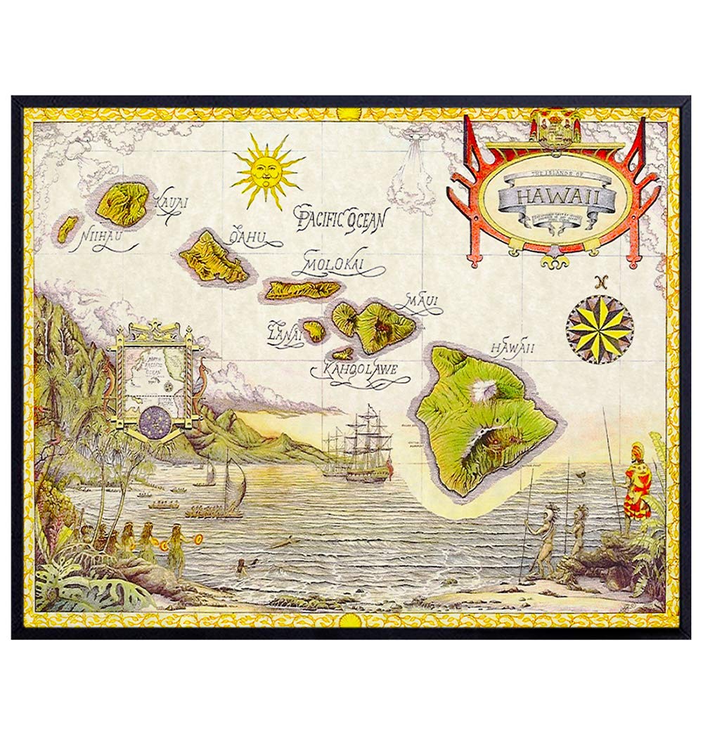 Vintage Map of Hawaii Wall Art Print - Perfect Affordable Gift for Beach House and Travelers - Vintage Chic Home Decor - Ready to Frame (8X10) Photo