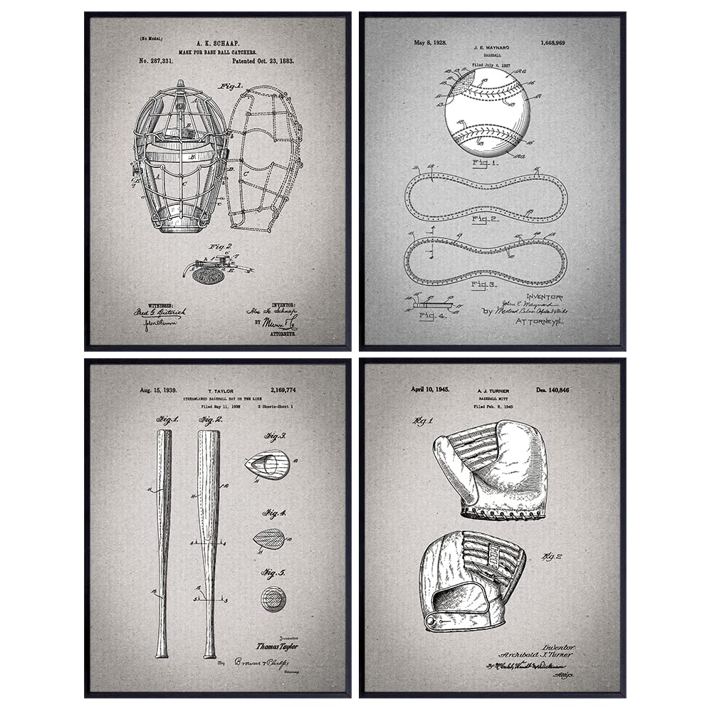 Baseball Patent Art Prints - Vintage Retro Wall Art Poster Set - Chic Contemporary Home Decor for Boys, Teens, Game, Kids Room, Den, Office - Great Gift for Men, Boys - 8x10 Photo - Unframed