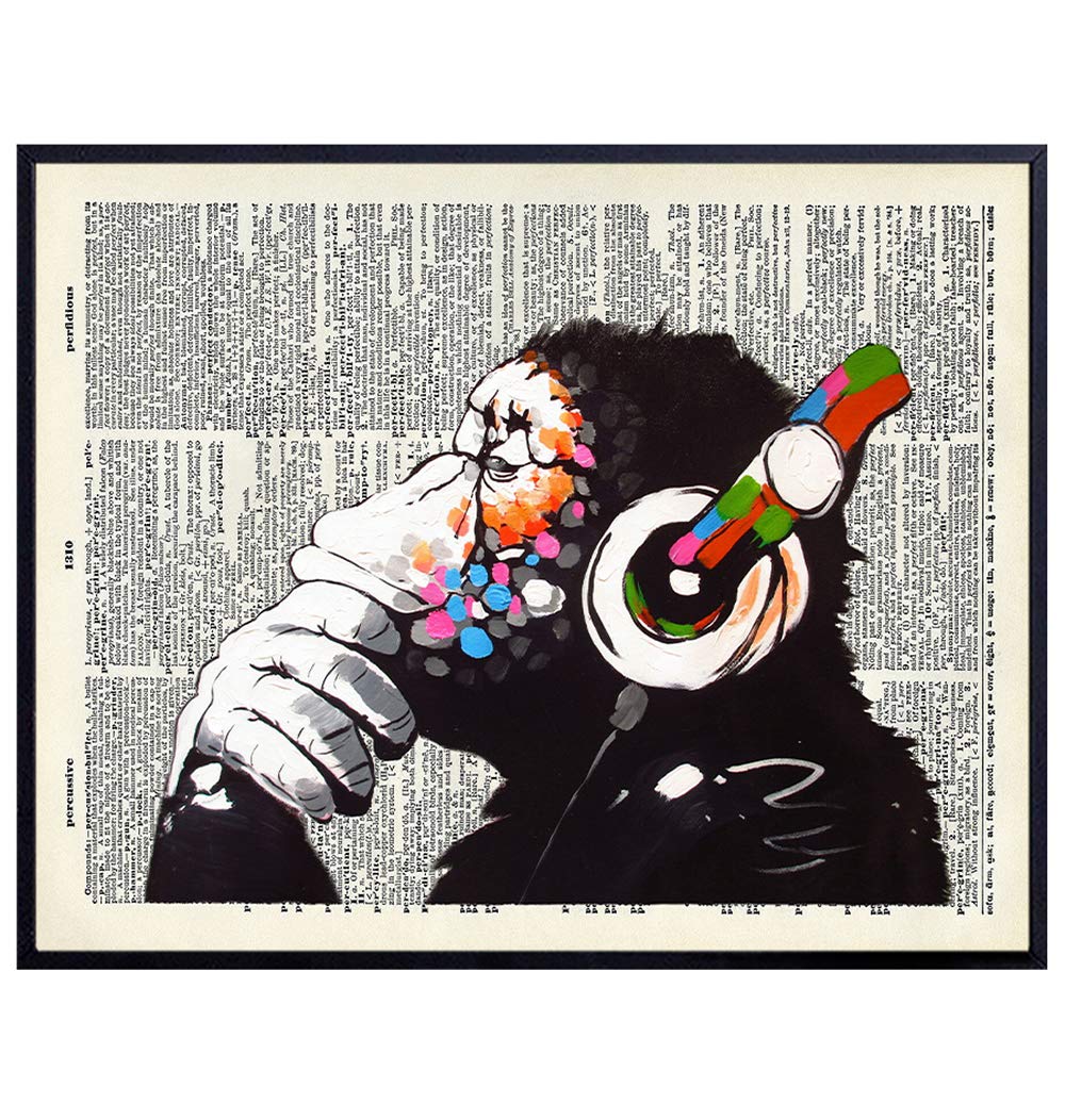 Banksy DJ Chimp - Unframed Dictionary Wall Art Print - Makes a Great Gift for Home Decor, Living Room, Bedroom - Ready to Frame (8X10) Vintage Photo
