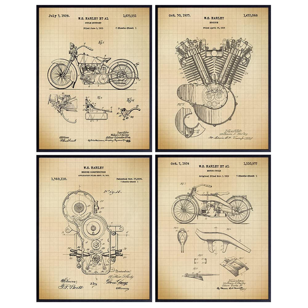 Wall Art Set of Motorcycle Patents - Patent Poster Prints - Vintage Home Decor for Den, Man Cave, Office, Garage, Living Room, Bar - Perfect Gift for Men, HOG Riders - 8x10 Photos - Unframed