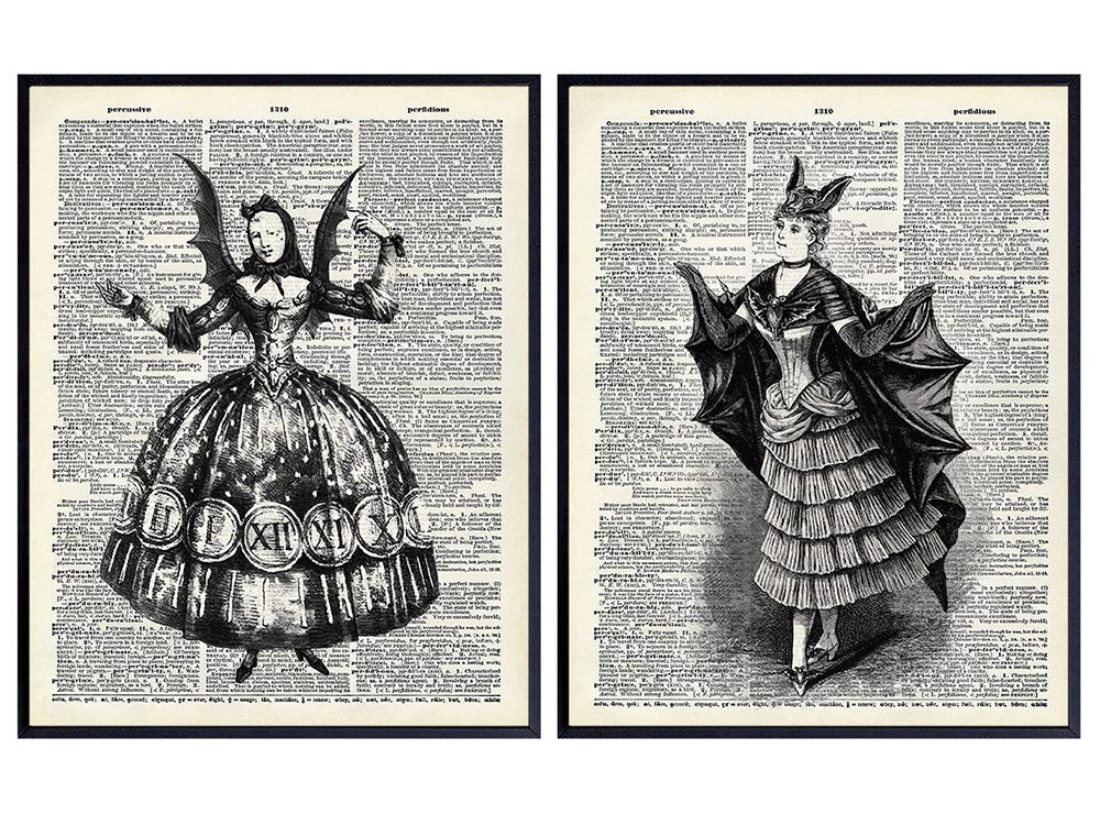 Victorian Bat Women - Bat Wall Decor - Goth Room Decor - Scary Gothic Wall Art Set - Vintage Witch Halloween Bat Decorations - Creepy Gift for Wiccan, Wicca, Witchcraft, Black Magic, Horror Fans