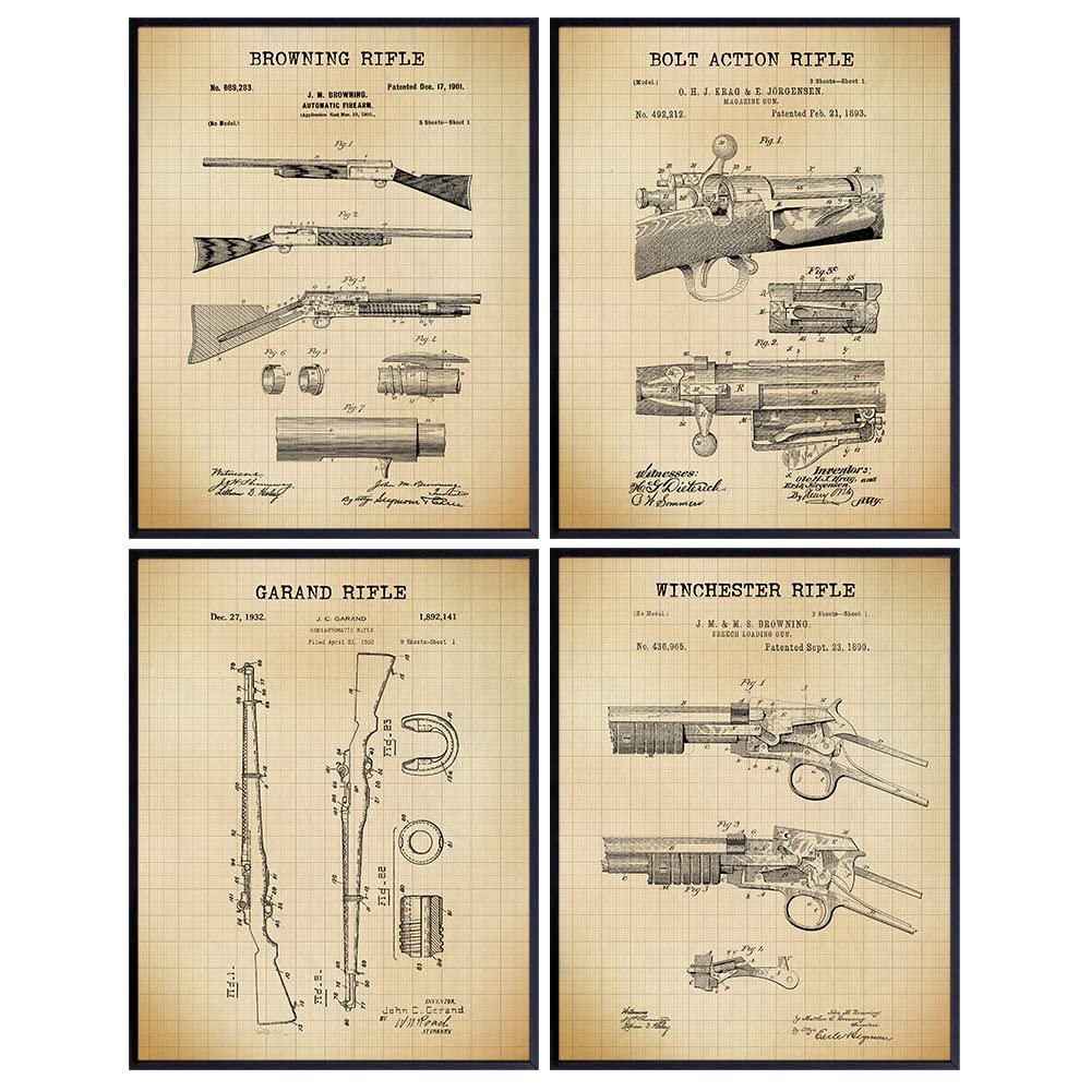 Antique Rifles Patent Art Prints - Vintage Wall Art Poster Set - Chic Home Decor for Den, Man Cave, Office - Great Gift for Men, Gun, Shotgun, Firearms, Second Amendment, NRA - 8x10 Photos - Unframed
