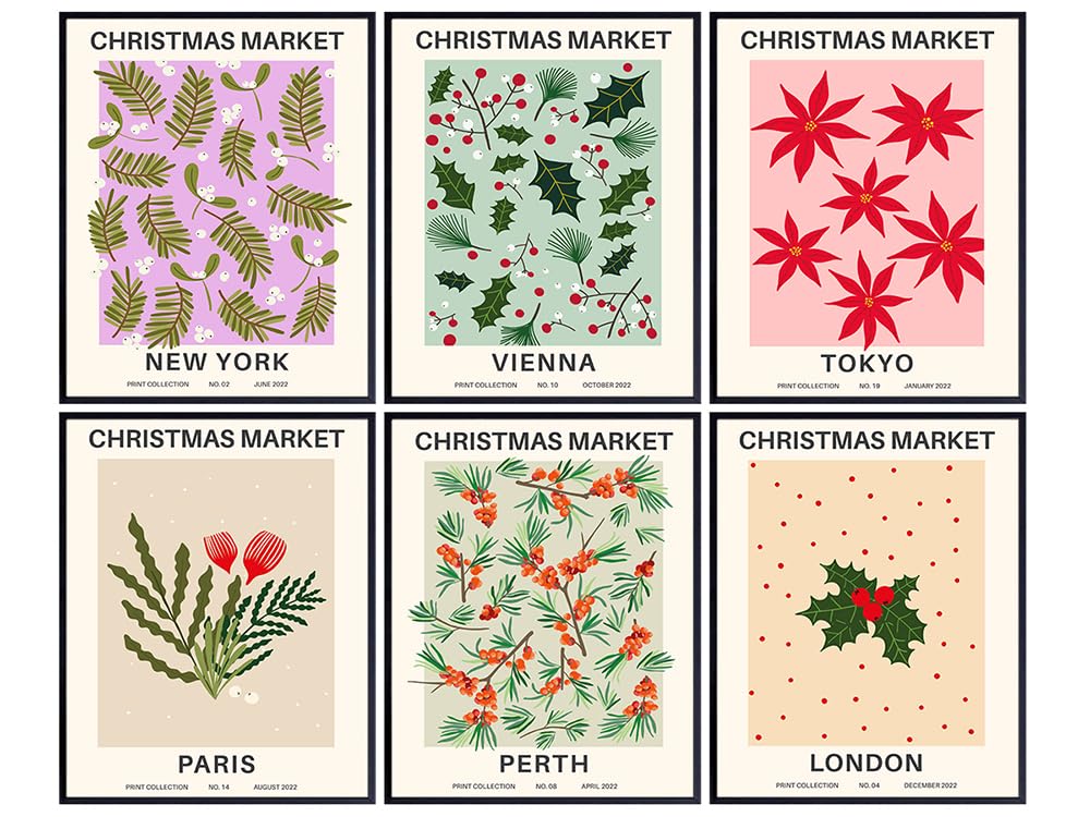 Mid-century Modern Merry Christmas Decorations - Gallery Wall Art Holiday Decor - Abstract Art Xmas Wall Decor - Minimalism Flower Market Wall Artworks Collage - Modern art Aesthetics - Matisse Style