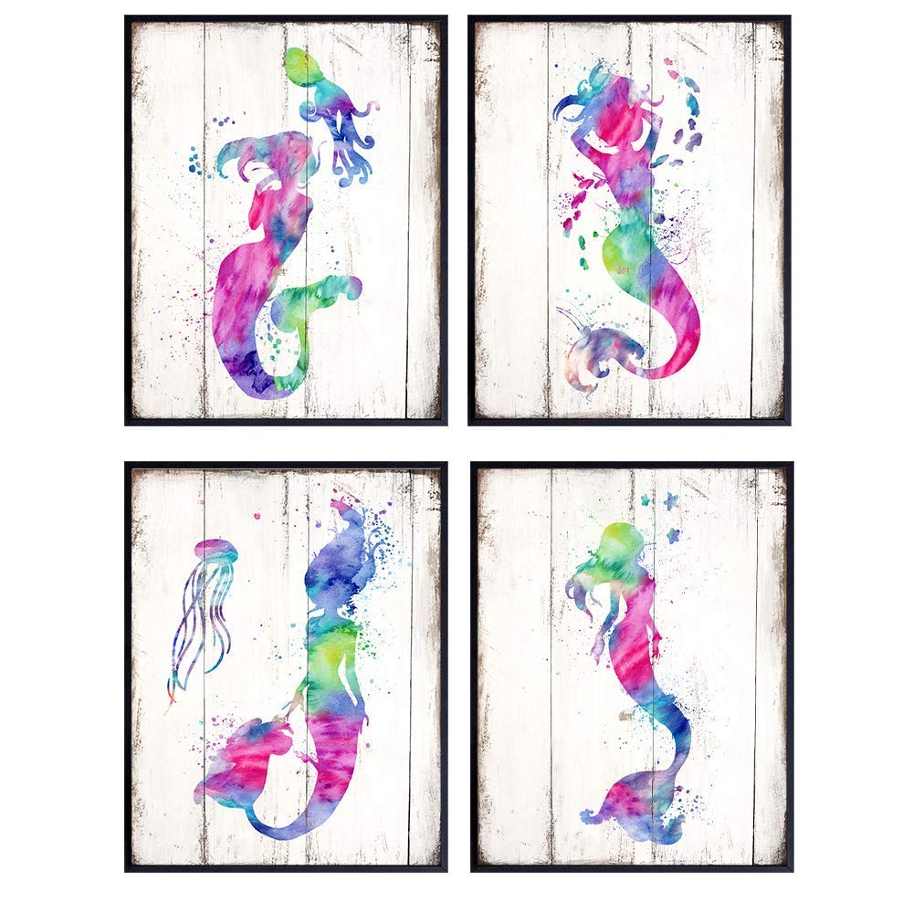 Mermaid Wall Art Decor - 8x10 Nautical Poster Set, Room Decoration for Women, Girls Bedroom, Ocean Home, Beach House and Bathroom Decor - Cute Vintage Rustic Shabby Chic Gift for Her - UNFRAMED