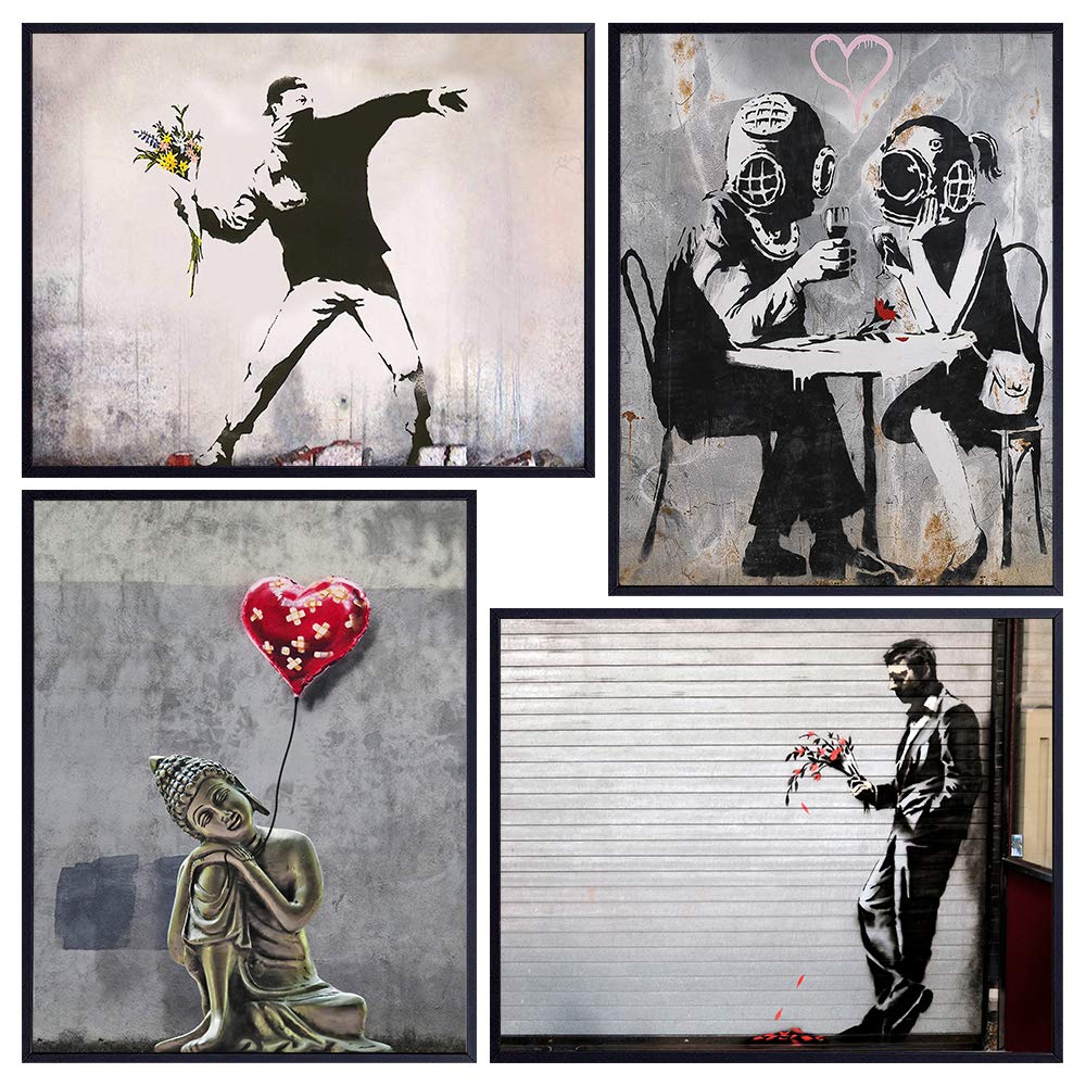 Banksy Wall Art - Graffiti Wall Art - Banksy Posters - 8x10 Urban Graffiti - Mural Wall Art - Wall Mural Set - Teen Room Decor - Love Wall Decor - Street Art Home Decorations - Buddha Statue Wall Art