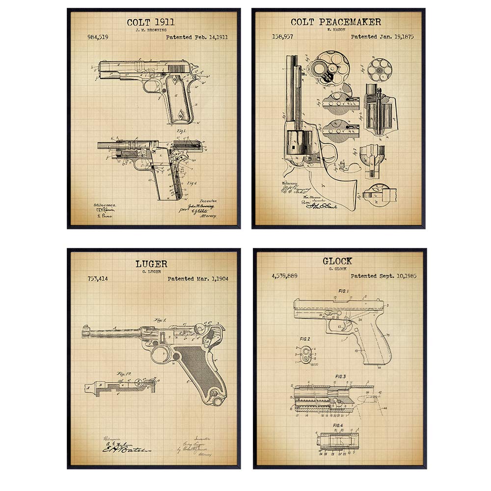 Famous Handgun Wall Art Patent Prints - Set of Four (8x10) Vintage Unframed Handgun Photos - Great Gift for Gun and Firearm Enthusiasts - Man Cave Home Decor - Graph
