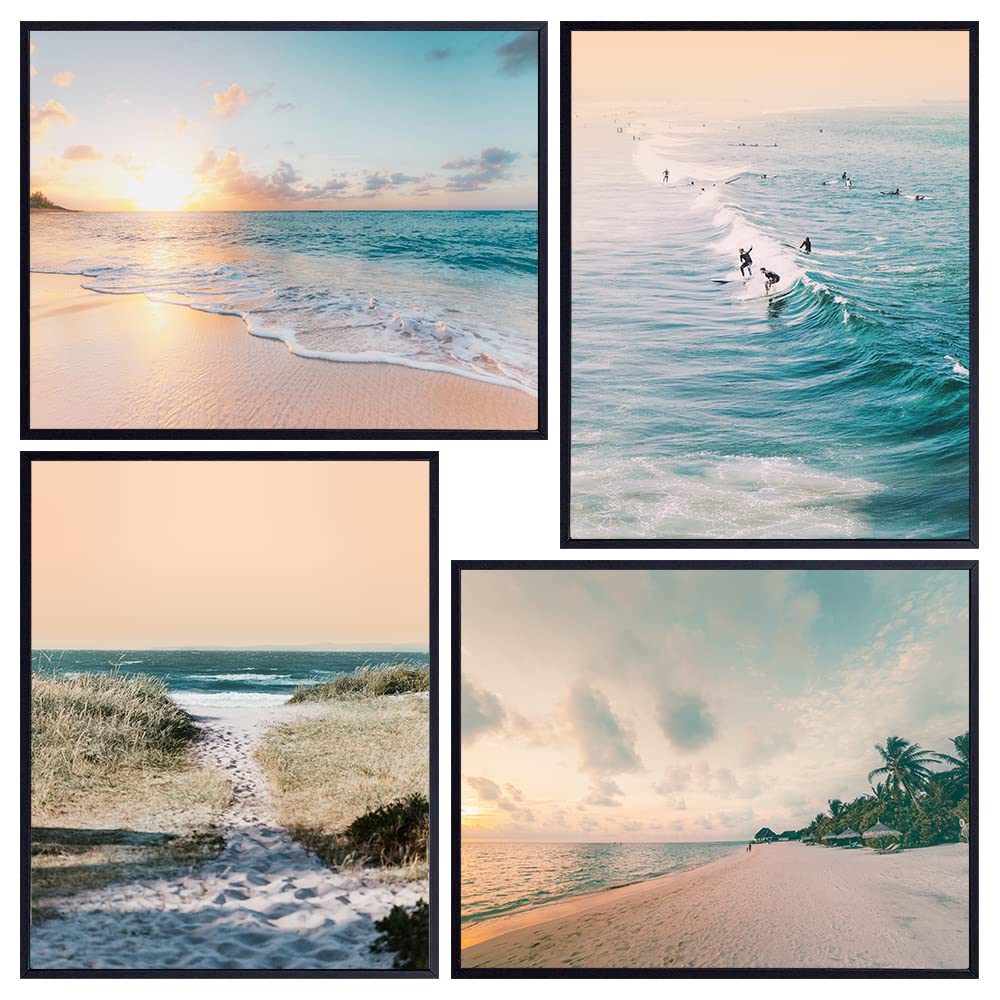 Summer Ocean Wall Art Set - Sea Beach House Decor for Bathroom, Bedroom, Living Room - Tropical Gift for Surf, Surfer, Surfing Fans - 8x10 UNFRAMED Decoration, Nautical Poster Set - Pink, Peach, Blue