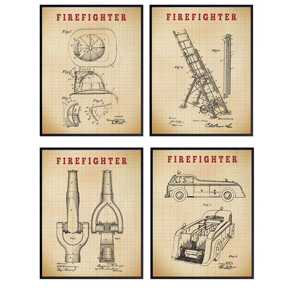 Firefighter Patent Art Prints - Vintage Wall Art Poster Set - Rustic Home Decor for Bedroom, Man Cave, Den, Living Room, Office - Great Gift for Firemen, First Responders, EMS - 8x10 Unframed Photos