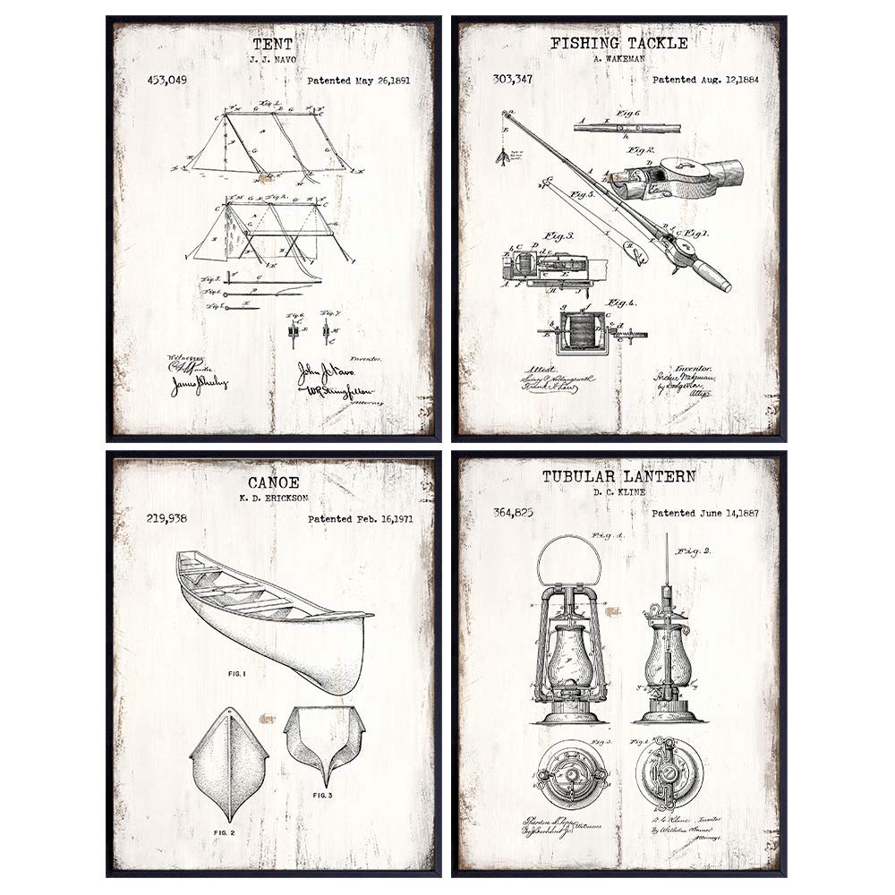Camping Patent Print Set - Farmhouse Wall Art Decor for Adirondack Lake House - Rustic Retro Sign Plaque - Fishing Rod, Tent, Camp Lantern, Canoe - Vintage Gift for Bedroom, Living Room - Unframed