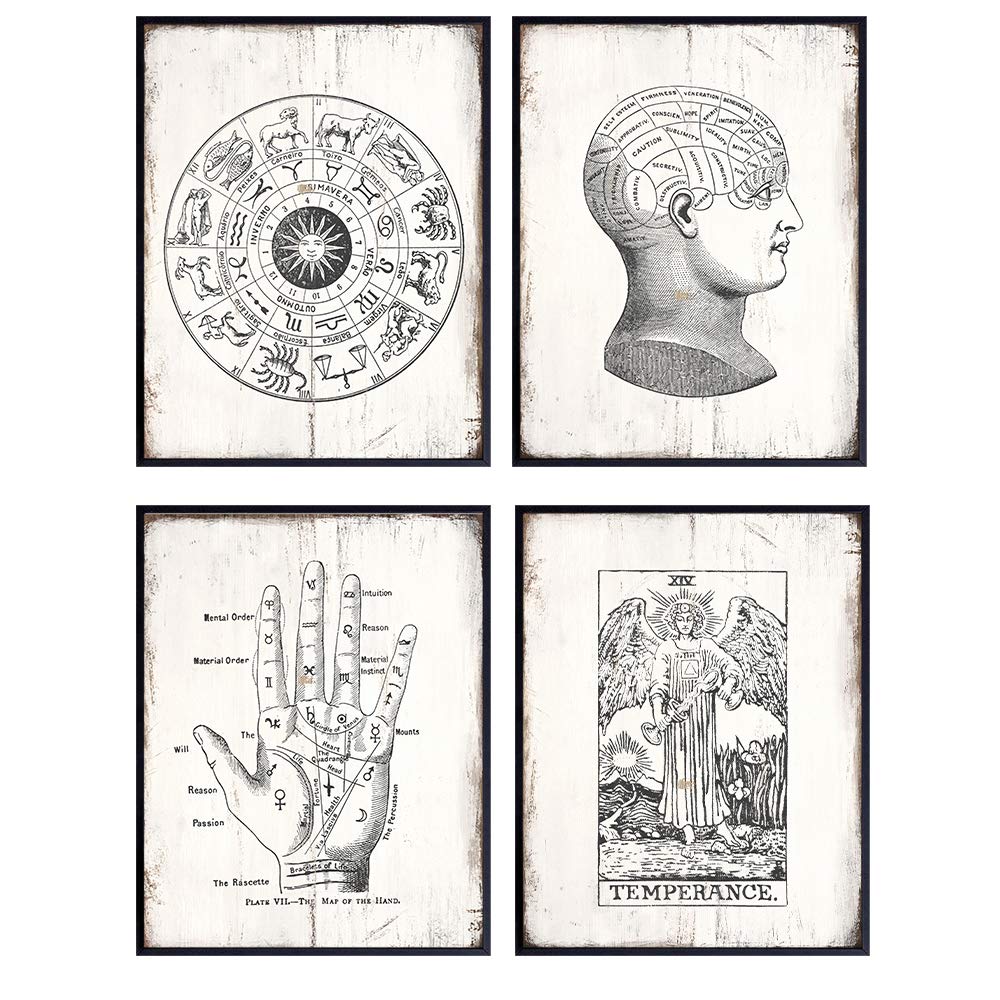 Astrology, Zodiac, Occult, Tarot, Palmistry, Wiccan Decoration - Vintage Rustic Sign Plaque Photo Prints - Unique Goth Gothic Steampunk Gift for Psychics - Mystical Arts Aesthetic Room Decor Set of 4
