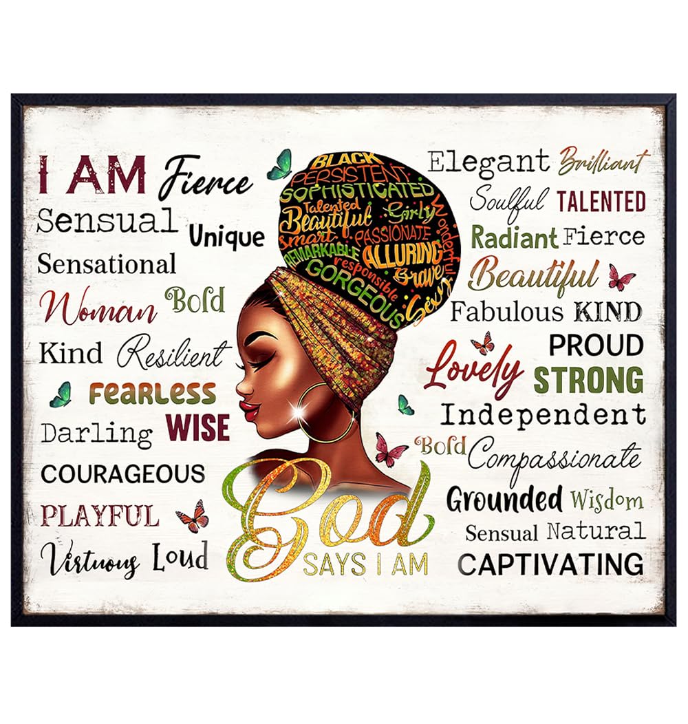 Religious positive Affirmations for Women - Black Art Inspirational Quote Wall Decor for Bedroom, Bathroom, Kitchen - Christian Wall Art for African Americans, Black women - Rustic Motivational poster