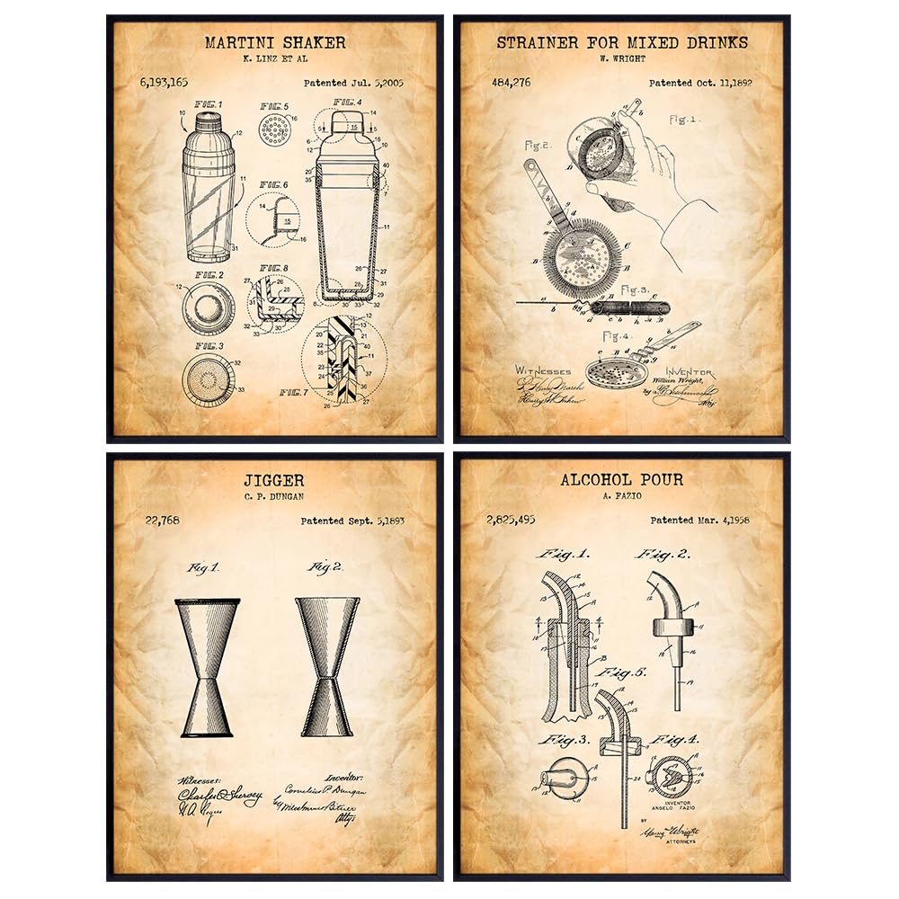 Bar Tools Patent Art Prints - Vintage Wall Art Poster Set - Unique Rustic Home and Kitchen Decor - Inexpensive Gift for Bartenders - 8x10 Photo Unframed