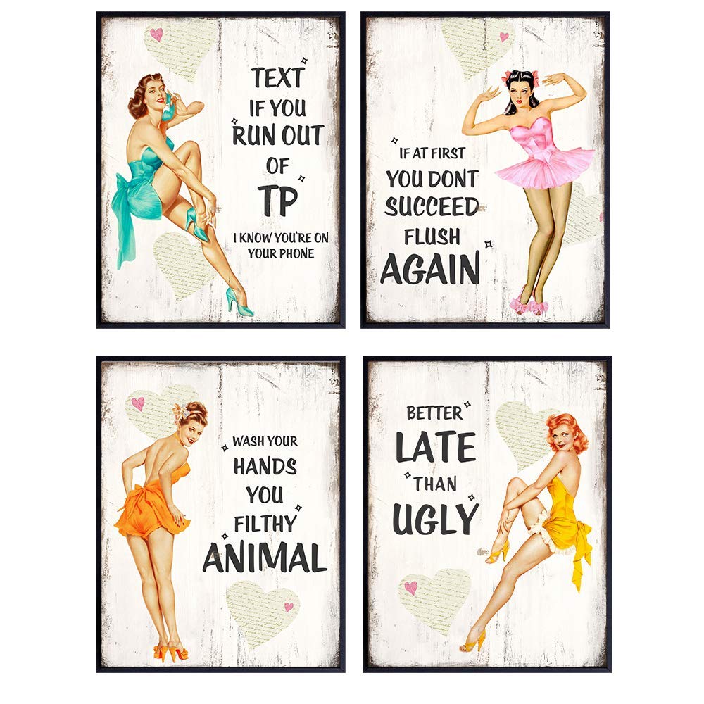 Rustic Bathroom Decor, Vintage Wall Art Set - 8x10 Photo Poster Prints, Shabby Chic Bathroom Wall Decor, Signs, Artwork, Accessories - Wash Your Hands, Better Late Than Ugly