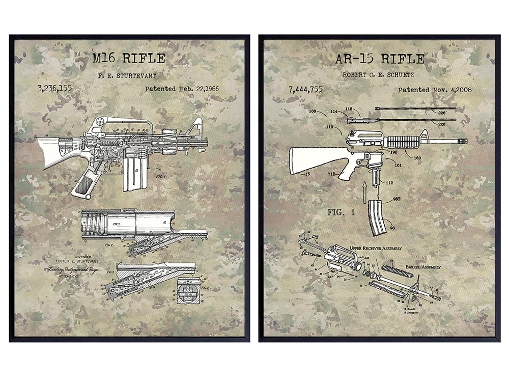 M16, AR-15 Automatic Weapons Patent Prints - Military Rifles Wall Decor Posters - Gift for Gun, 2nd Amendment, NRA, Firearms Fans, Veterans - Home Art for Man Cave, Office, Living, Game, Family Room