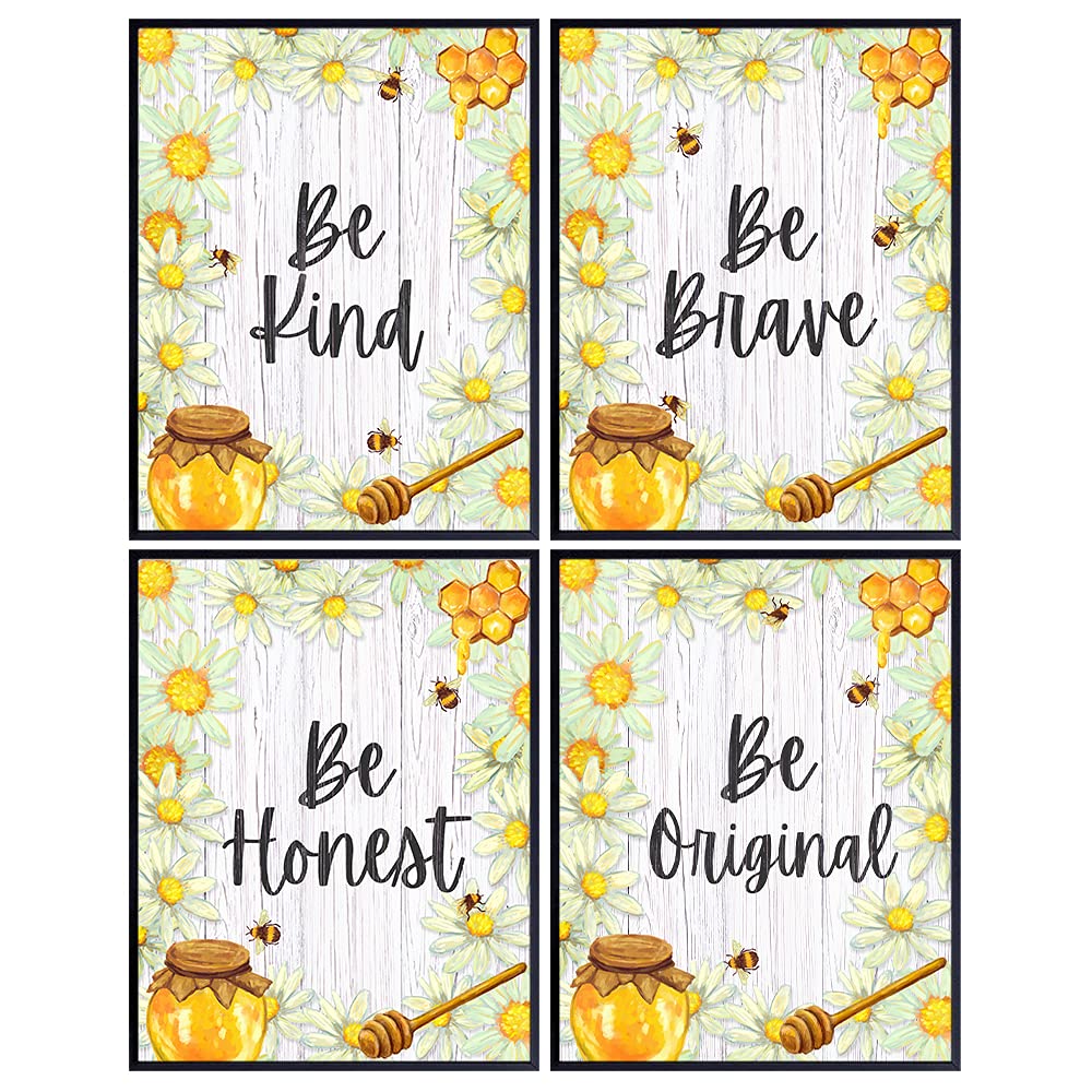 Family Wall Art &amp; Decor - Bees Wall Art - Motivational poster Set - Family Wall Decor - Be Brave Be Kind Sign - Inspirational Wall Art - Rustic Daisy Wall Art - Shabby chic Positive Quotes Wall Art