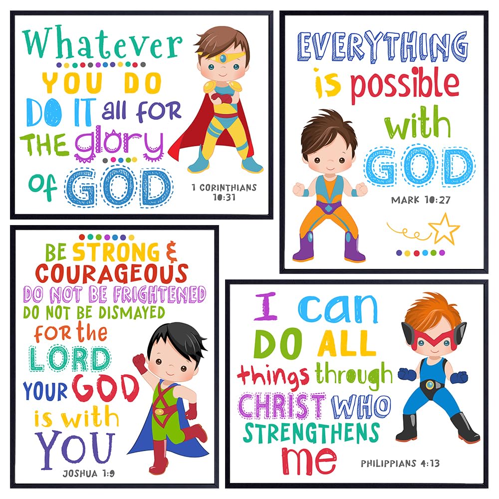 Religion Superhero Wall Decor for Boys - Christian Wall Art for Boys - Kids Bedroom Little Boys Room Decor - Christianity Scripture Bible Verse Wall Art - spiritual Inspirational quote Religious Gifts