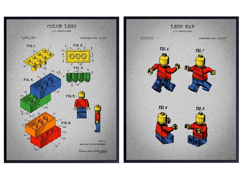 Legos and Figures Patent Art Prints - Contemporary Vintage Wall Art Poster Set - Chic Rustic Home Decor for Boys Room, Kids Room, Playroom, Rec Room, Family Room - Gift for Boys - 8x10 Photo Unframed