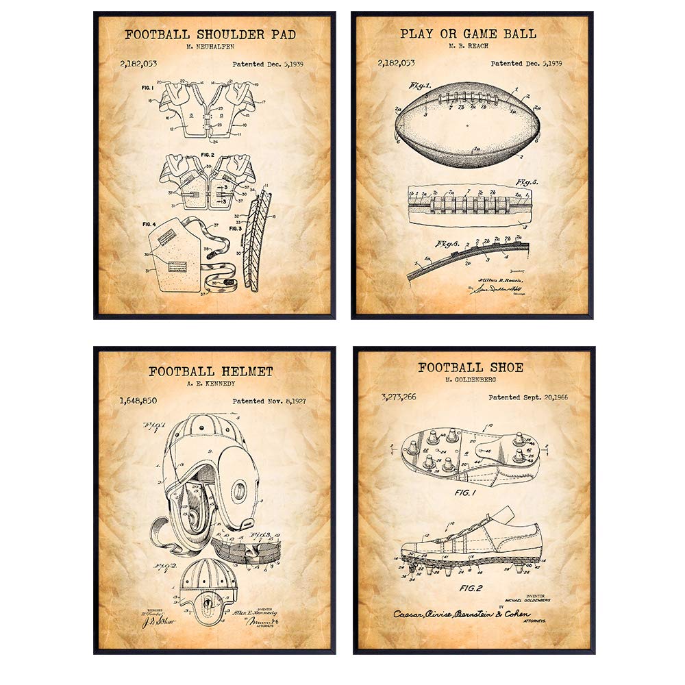 Football Patent Art Prints - Vintage Wall Art Poster Set - Chic Rustic Home Decor for Boys, Kids Teens Room, Family or Game Room, Office, Man Cave, Den - Gift for Football Players, Sports Fans - 8x10