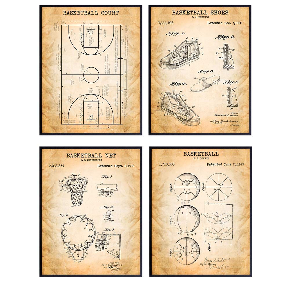 Basketball Patent Prints Wall Art Set - Unique Gift, Cool Home Decor for Boys Room, Kids or Teens Bedroom, Game Room, Den - 8x10 Posters