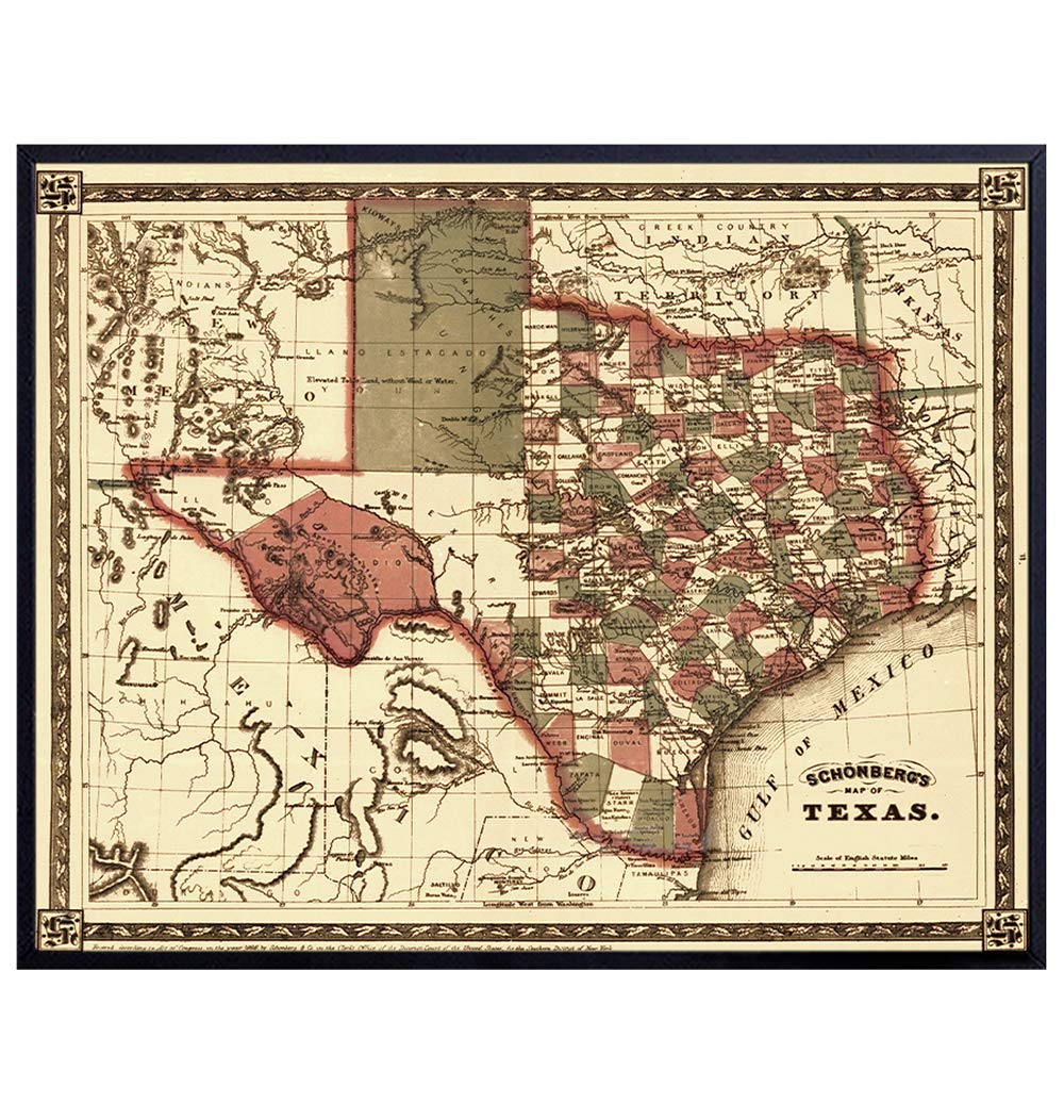 Vintage Texas Map Wall Decor Picture - Retro Antique Style Print for Office, Apartment, Home, Bedroom, Living Room, Den or Bar Decoration - Gift for Lone Star State Fans - 8x10 Photo Poster - Unframed