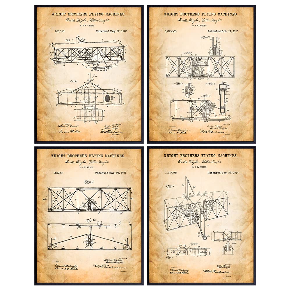 Wright Brothers Aviation Patent Art Prints - Vintage Wall Art Poster Set - Home Decor for Living Room, Office, Man Cave - Great Gift for Pilots, Flight Instructors, Aviators - 8x10 Photos - Unframed