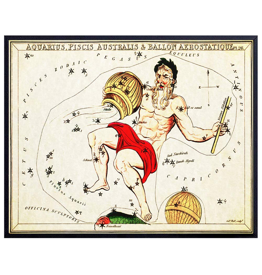 Vintage Aquarius Astrological Zodiac Chart 8x10 Unframed Photo - Great Gift and Chic Home Decor