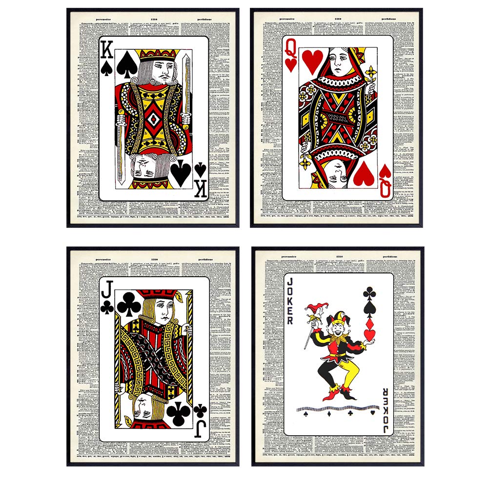 Poker Playing Cards Upcycled Dictionary Wall Art Prints - Set of Four (8X10) Vintage UNFRAMED Photos - Perfect Gift for Poker or Card Players, Great Game Room, Bar, or Man Cave Decor