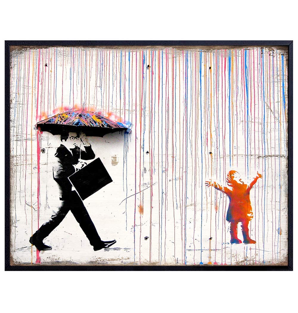 Banksy Singing in the Rain Graffiti Poster - 8x10 Street Art, Room Decor, Wall Decoration - Unique Inspirational Gift for Urban Mural Fans - Modern Contemporary Home or Office Print
