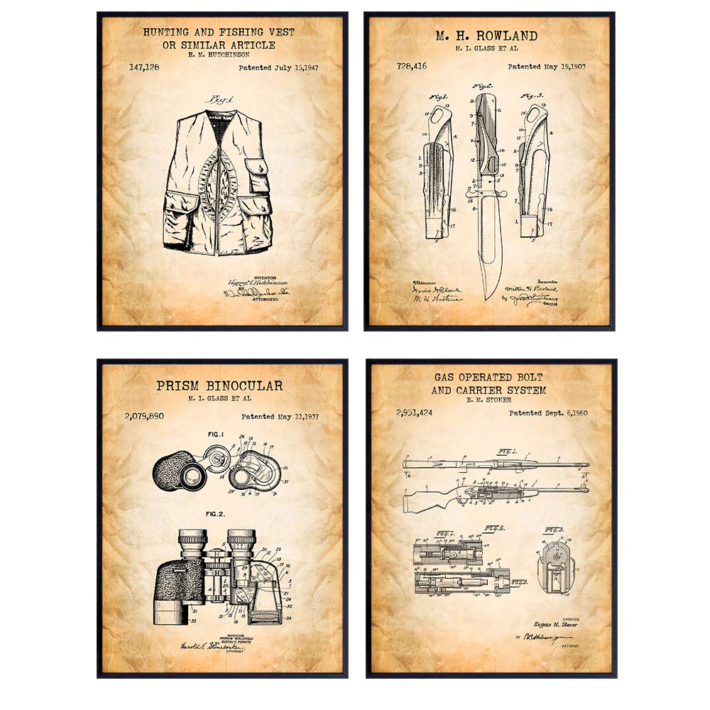Hunting Patent Art Prints - Vintage Wall Art Poster Set - Chic Rustic Home Decor for Man Cave, Office, Den, Game Room, Garage - Gift for Men, Hunters, Gun Collectors - 8x10 Photo Unframed