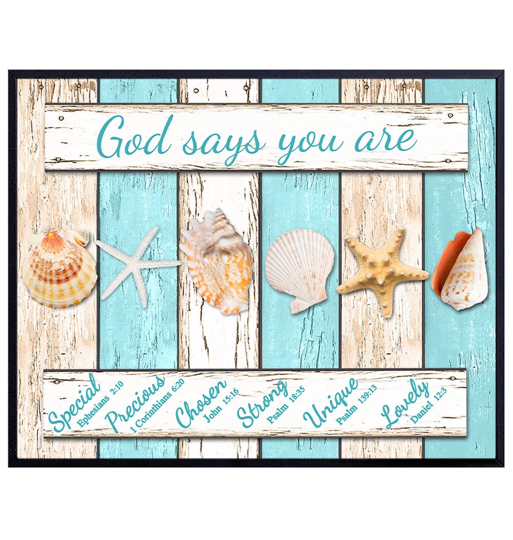 Nautical Religious Wall Art &amp; Decor - Christian Gifts for Women - Rustic Coastal Beach Ocean Decor - God Says You Are Scripture Bible Verses Inspirational Spiritual Wall Art - Light Blue Sea Shells