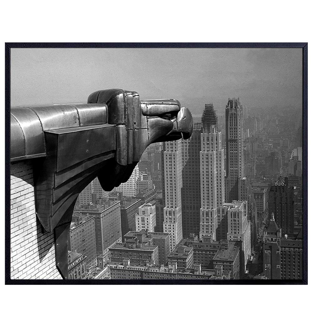 Vintage New York Building Photo - Cool Retro Deco Gift for NYC Fans - Goth Gothic Gargoyle Picture - Chic Home Apartment Decor Wall Art Decoration Poster for Office, Living Room, Bedroom - 8x10 Print