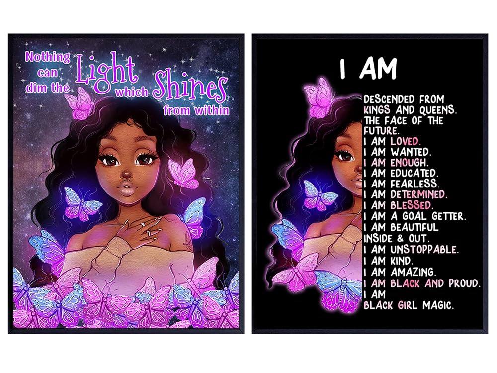 African Americans Girls Room Decor - I Am positive affirmations for Black women - Black Girl Magic Wall Art - Pink Little Girls Room Decor - Teen Girls Bedroom Decor- Motivation Inspirational quote
