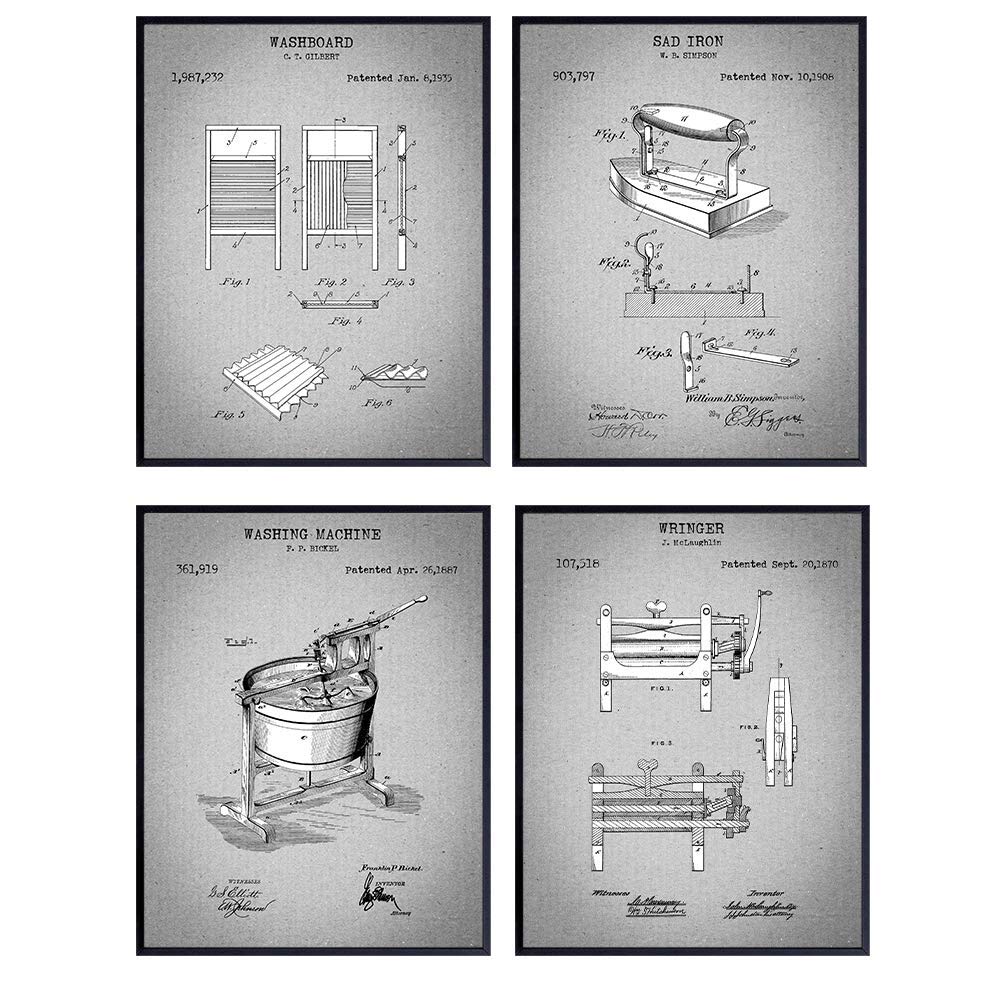 Laundry Room Patent Art Prints - Vintage Retro Wall Art Poster Set - Chic Modern Home Decor - Great Gift for Women and Housewarming - Set of 4-8x10 Photos - Unframed - Grey