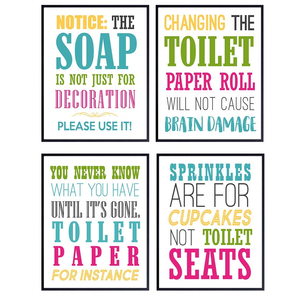 Colorful Funny Bathroom Decor - Quotes, Sayings for Guest Bath, Powder Room, Restroom, Rest Room - 8x10 Wall Art Decoration or Gag, Housewarming Gift - UNFRAMED Poster Print Set of 4