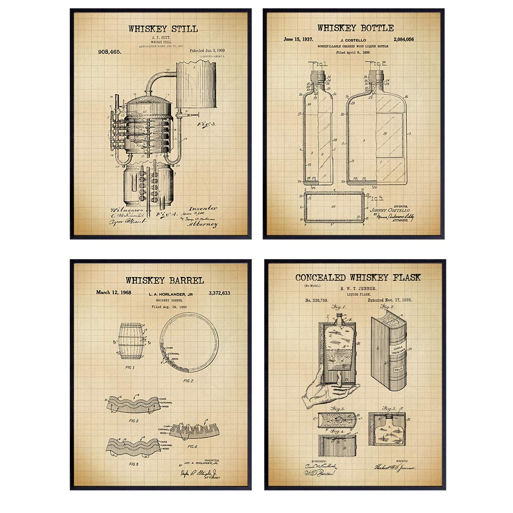 Whiskey Lovers Patent Wall Art Prints - Set of Four (8X10) Vintage Unframed Photos - Makes a Great Gift For Man Cave or Bars