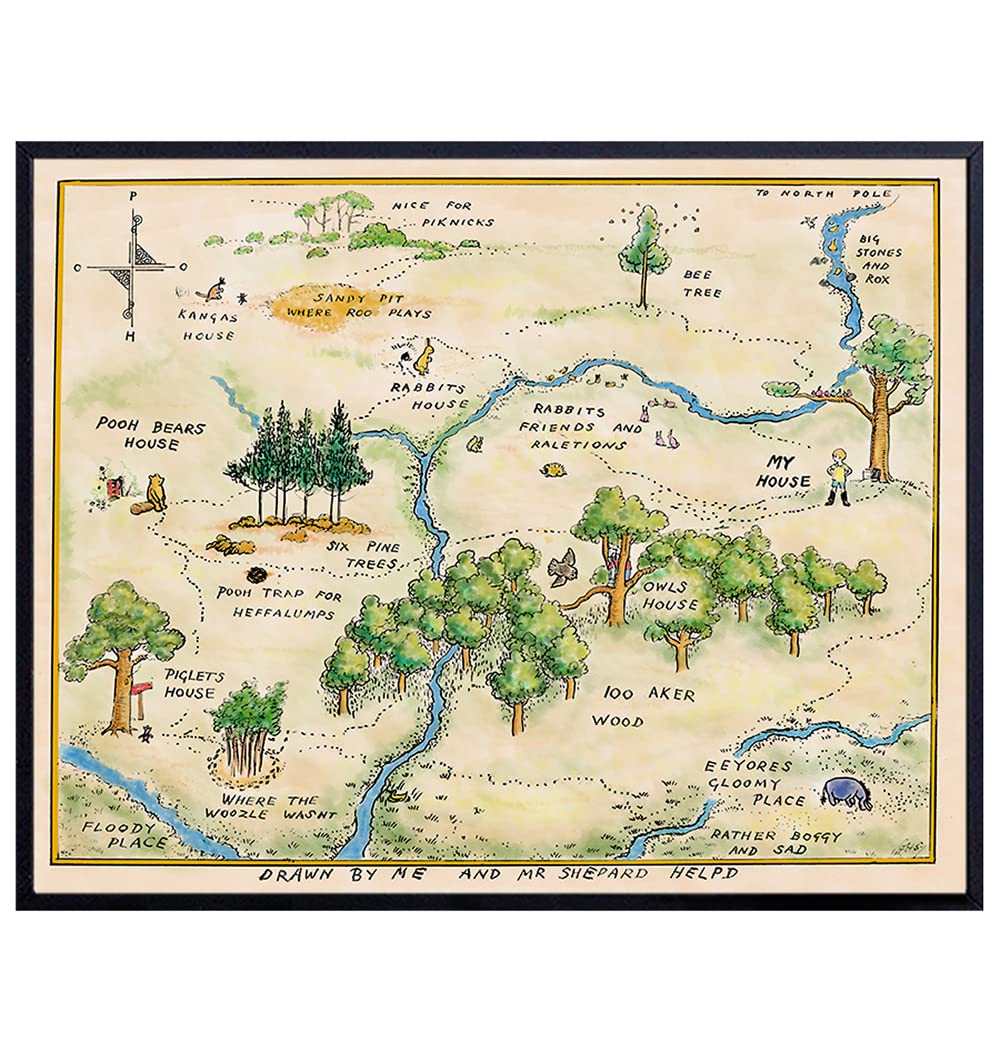 Winnie Pooh Nursery Decor - LARGE 11X14 - Toddler Baby Room Wall Art - Little Boys Bedroom Decor - Baby Shower Decorations - Vintage Hundred Acre Wood - Kids Wall Art - Girls Room Decor