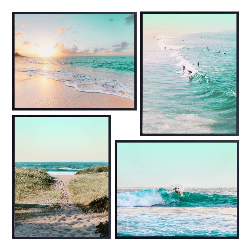 Coastal Wall Decor - Ocean Decor - Beach Wall Art - Nautical Bathroom Decor - Summer Tropical Sea Decorations for Home, Office, Apartment - Gift for Surfing Fan - Turquoise Aqua Teal Blue Picture Set