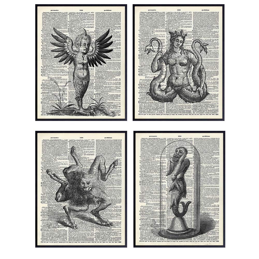 Monster Dictionary Art Prints - Vintage Upcycled Wall Art Poster Set- Chic Home Decor for Man Cave, Rec Room, Game Room, Living Room, Bar - Gift for Steampunk Gothic Goth Fans - 8x10 Photos- Unframed
