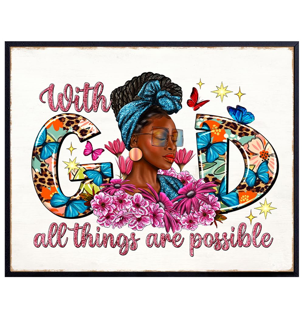 God Quotes African American Wall Art - Black women Funky Farmhouse Bible Quotes Wall Art - Afro Chic Wall Decor for Women, Woman - Black Girl Religious Decorations, Trendy Christian Gifts for Women