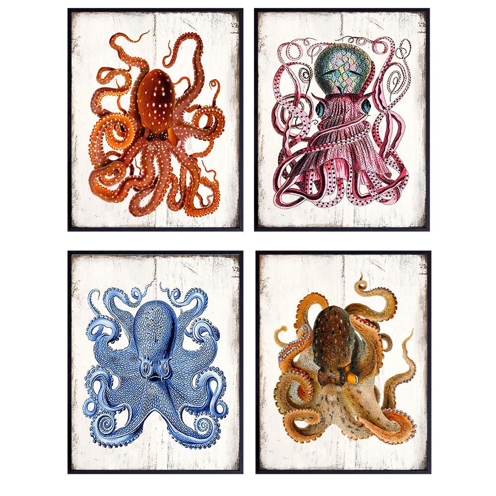 Rustic Vintage Octopus Decor Set - 8x10 Retro Nautical Wall Art Prints for Beach House, Ocean Home, Bathroom, Living Room, Bedroom, Dining Room Decoration - Gift for Goth, Gothic Art Fans - UNFRAMED