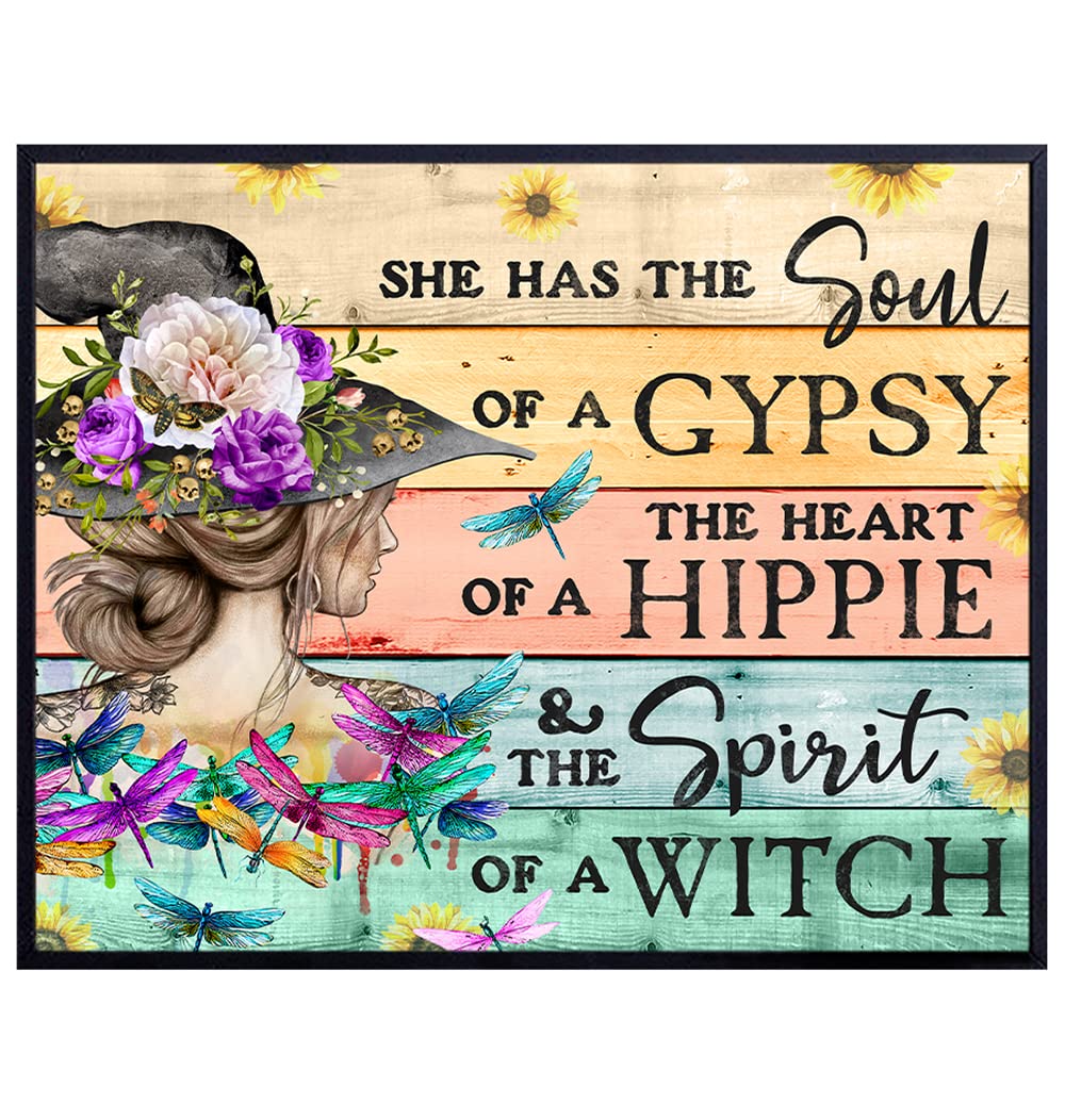 Witch Wall Art &amp; Decor - She Has The Soul Of A gypsy The Heart Of A Hippie - Boho Wall Art - Witchy Room Decor - Pagan Gifts for Women - Goth Gothic Wiccan Wicca Wall Art - Hippie Poster 8X10 UNFRAMED