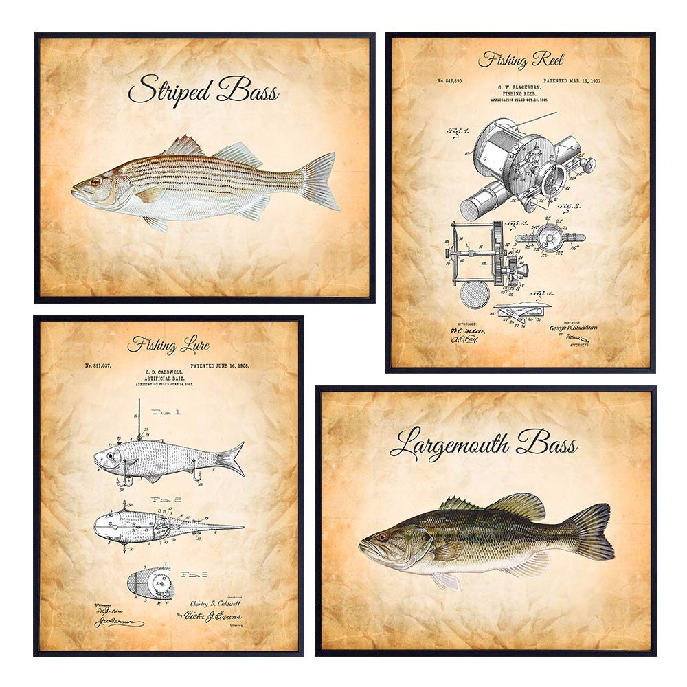 Original Fishing Patent Wall Decor Set - Vintage Shabby Chic 8x10 Fish Art Decoration Posters for River Freshwater Lake Home, Office, Living Room, Bedroom, Man Cave - Gift for Fishermen, Angler