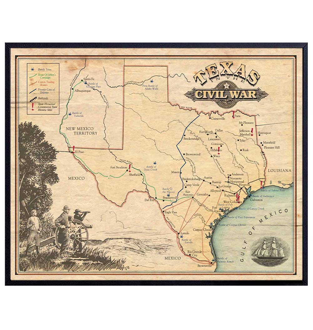 Vintage Texas Map - Texas Home Decor - Texas Wall Decor - US American Civil War Memorabilia - History Decor - Military Wall Decor for Men - Man Cave Decor - 8x10 Unframed